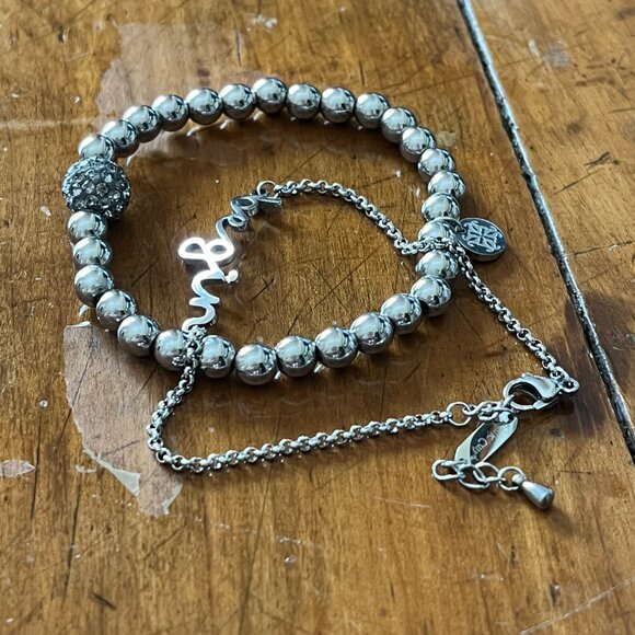 Rustic Cuff Set of Two Silvertone BEGIN Bracelet Set Beaded Logo - Picture 4 of 4